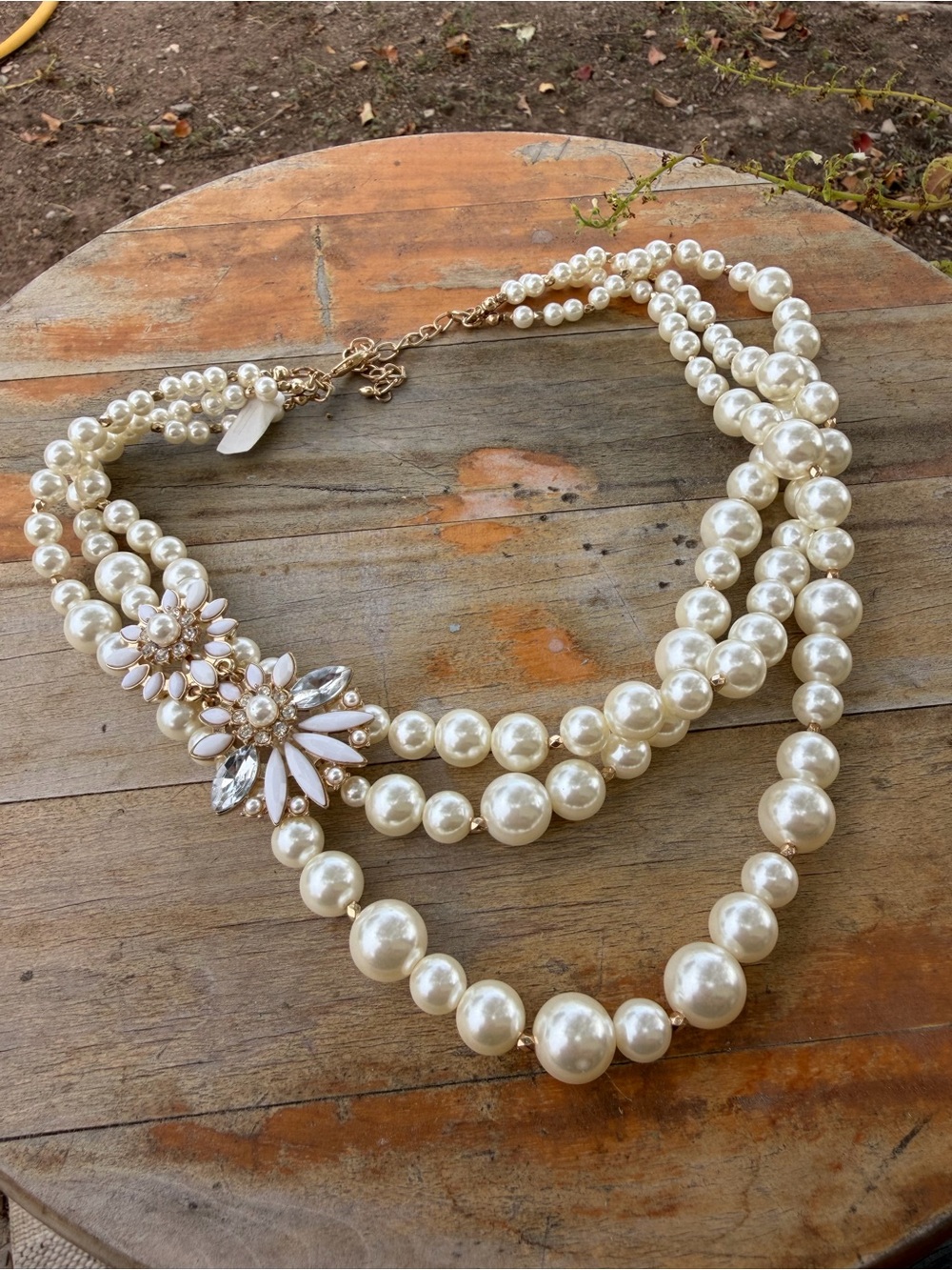 Multi Strand Faux Pearl Statement Necklace | Floral Crystal Brooch Detail
